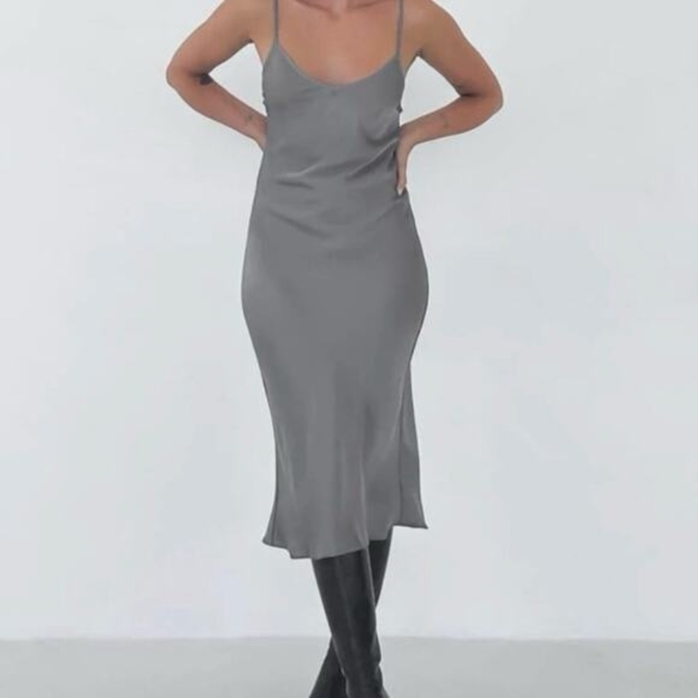 Rumored Satin Midi Slip Dress Grey Bias Cut Minimalist Strappy Small NWT